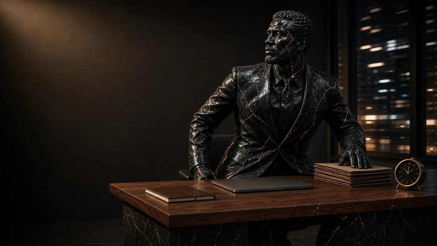 An obsidian statue of a professional at a desk, symbolizing a person constrained by constant work