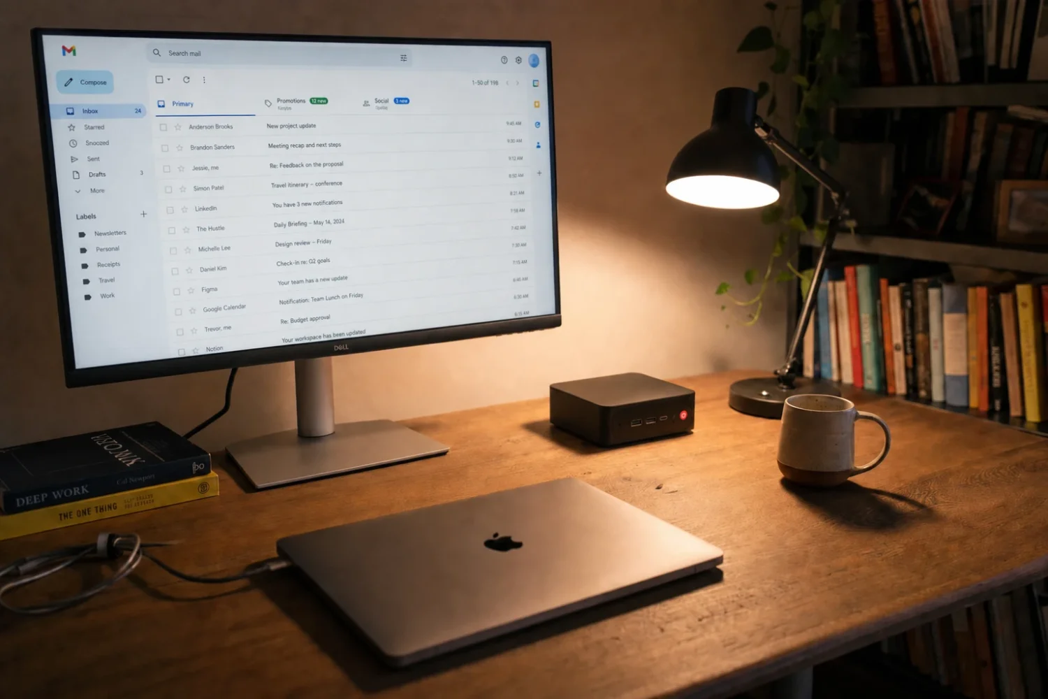 Illustrative warm home office with a dedicated mini PC beside a monitor